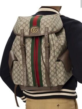 Gucci GG Supreme Coated Canvas Backpack with Red & Green Stripe and Brown Trim
